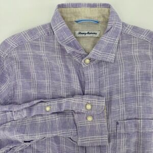 Tommy Bahama Mens Medium Purple Plaid 100% Linen Long Sleeve Button Down Shirt